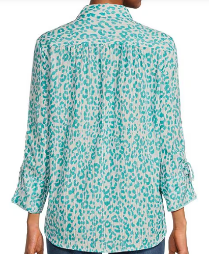 3/4 Drawstring Sleeve Mini Leopard Print Button Front Shirt - Turquoise