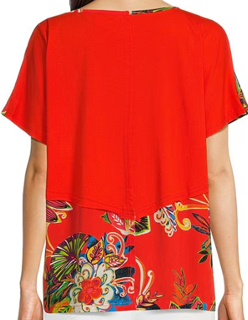 Woven-Knit Mixed Floral Print V-Neck Banded Cap Sleeve Top