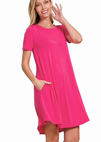 Short Sleeve Round Hem A-Line Dress - Side Pockets