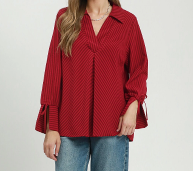 Red Chevron Stripe Tie-Sleeve Blouse