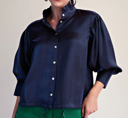 Ruffle Neck Puff Sleeve Button Down Blouse