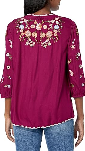 Tru Luxe Jeans Women's Tie Neck Top with Mulit Color Embroidery