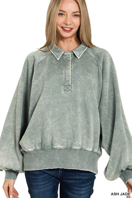 Acid wash fleece button up collared pullover - Multiple Colors