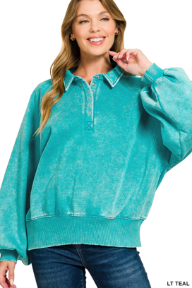 Acid wash fleece button up collared pullover - Multiple Colors
