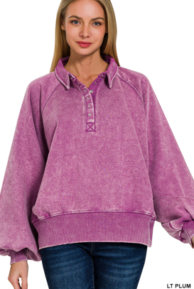 Acid wash fleece button up collared pullover - Multiple Colors