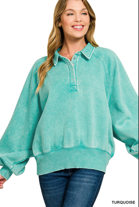 Acid wash fleece button up collared pullover - Multiple Colors