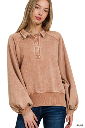 Acid wash fleece button up collared pullover - Multiple Colors