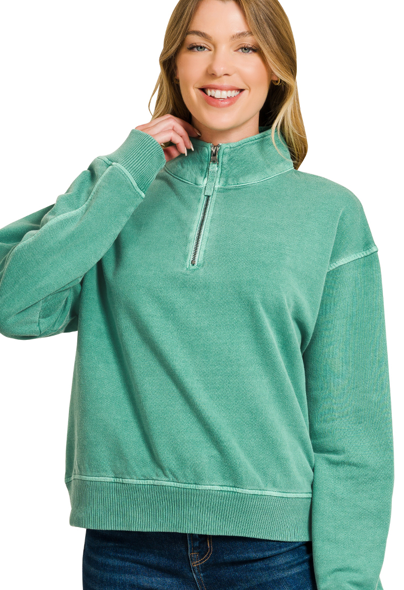 F/terry pigment dye & enzyme washed half zip pullover - Dark Green