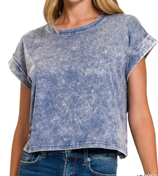 Washed cotton cuffed short sleeve top