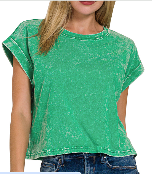 Washed cotton cuffed short sleeve top