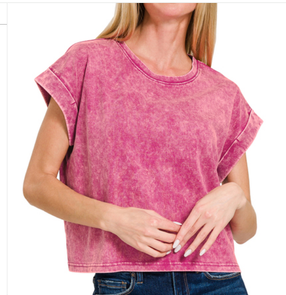 Washed cotton cuffed short sleeve top