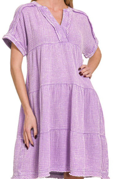 Washed double gauze raw edge v-neck dress