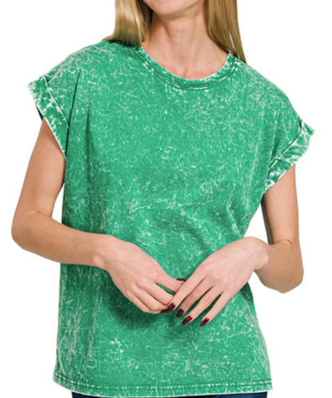 Crinkle washed round neck folded short sleeve tee
