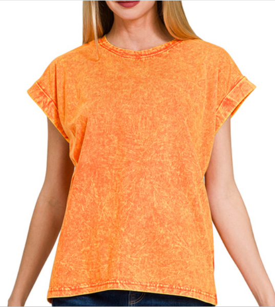 Crinkle washed round neck folded short sleeve tee