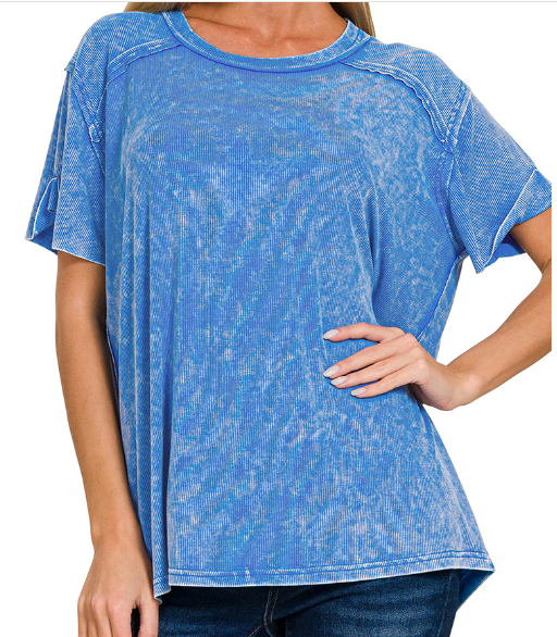 Washed ribbed short sleeve boat-neck top