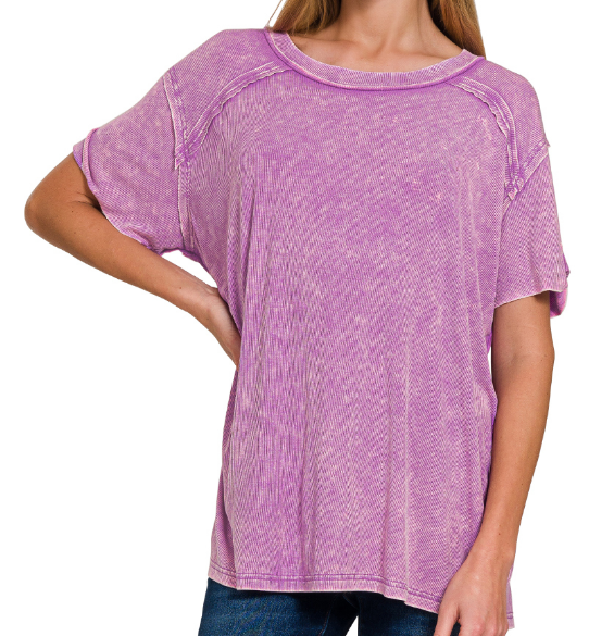 Washed ribbed short sleeve boat-neck top