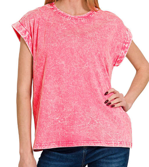 Crinkle washed round neck folded short sleeve tee