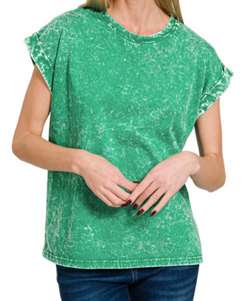 Crinkle washed round neck folded short sleeve tee