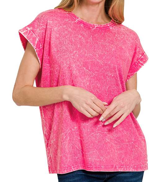 Crinkle washed round neck folded short sleeve tee