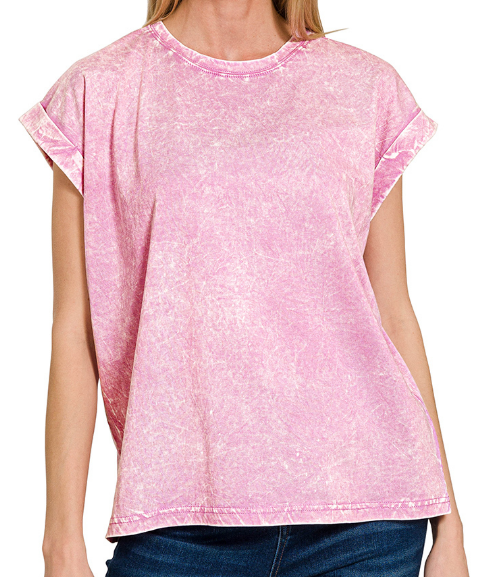 Crinkle washed round neck folded short sleeve tee