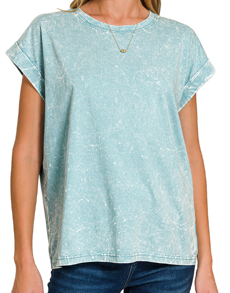 Crinkle washed round neck folded short sleeve tee
