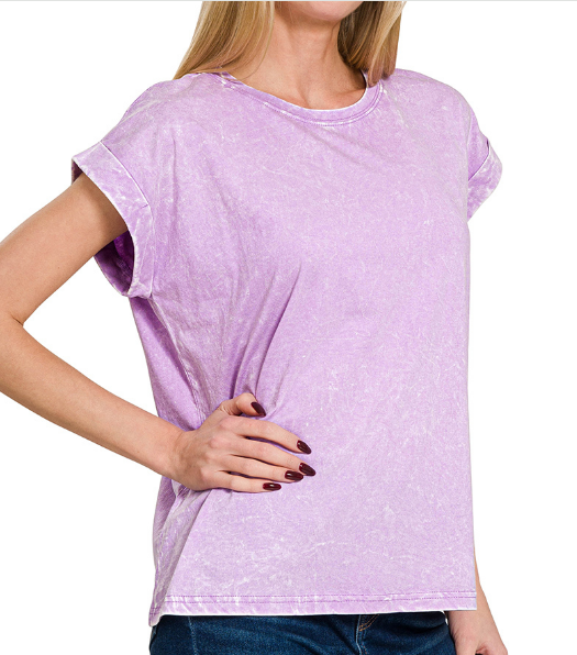 Crinkle washed round neck folded short sleeve tee