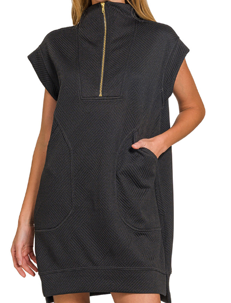 Textured knit jacquard quarter zipper mini dress