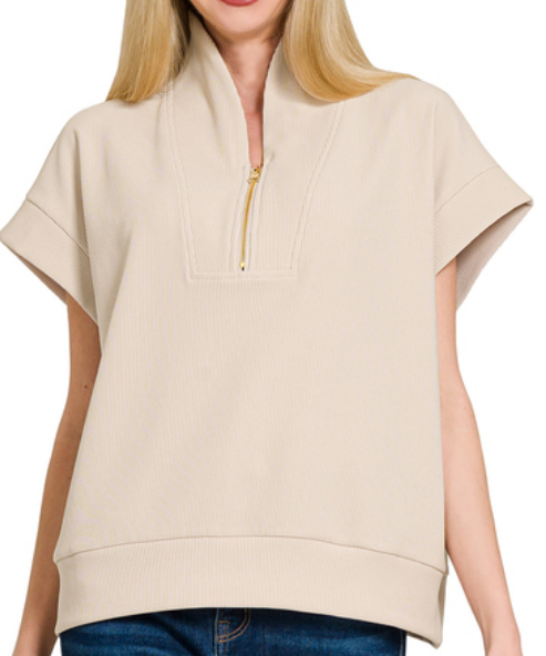 Ribbed high neck half zip top