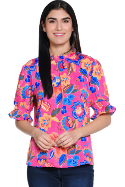 Woven Tunic Elbow Ruffle Sleeves- Cool Floral