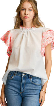 Embroidered Flutter Sleeve Blouse