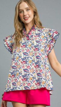 Floral Scallop Edge Ruffle Sleeve Top