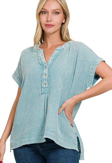 Dusty Teal 3/4 Button Top