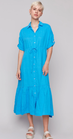 Linen Blend Button-Front Maxi Shirt Dress