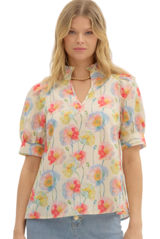 Floral print cuff band short puff sleeve pullover top