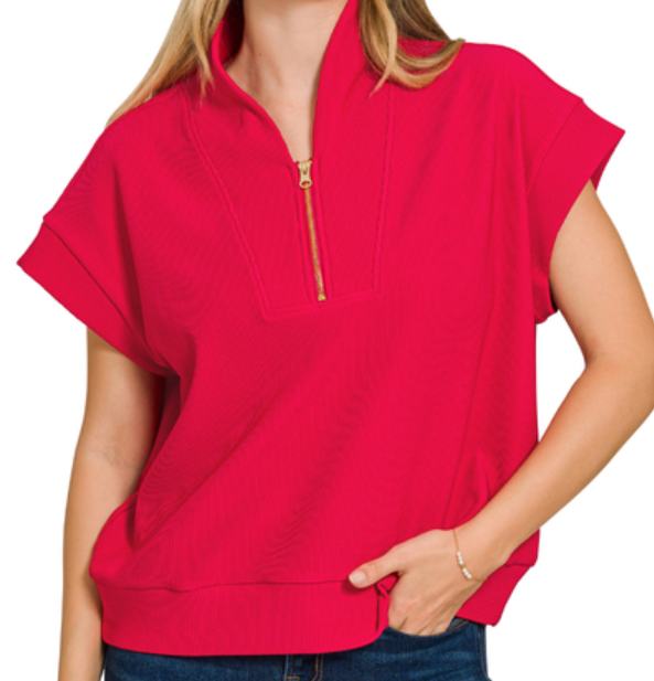 Ribbed high neck half zip top