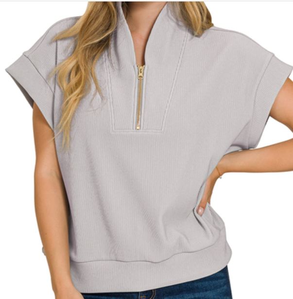 Ribbed high neck half zip top