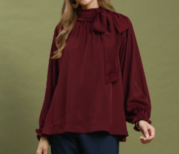 Wine Bow-Neck Long Sleeve Blouse