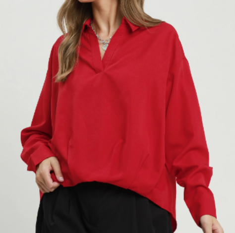 Crimson V-Neck Collared Blouse