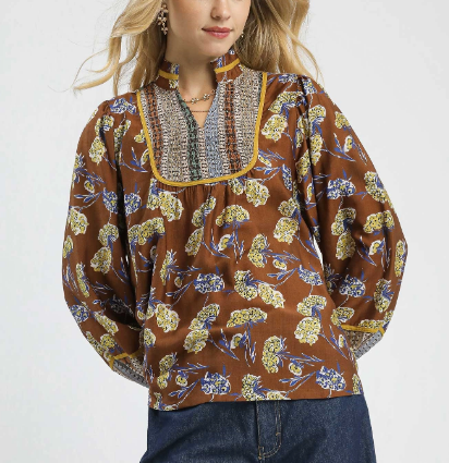 Sepia Floral Smocked Yoke Blouse