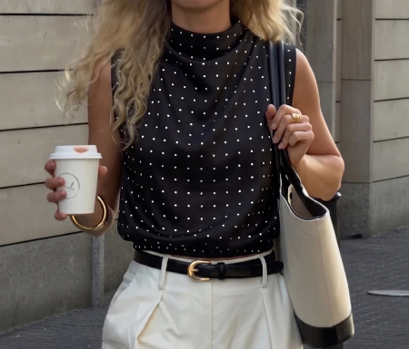 Black Rhinestone Mock Neck Sleeveless Top