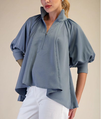 Satin Zip Neck Puff Sleeve Top