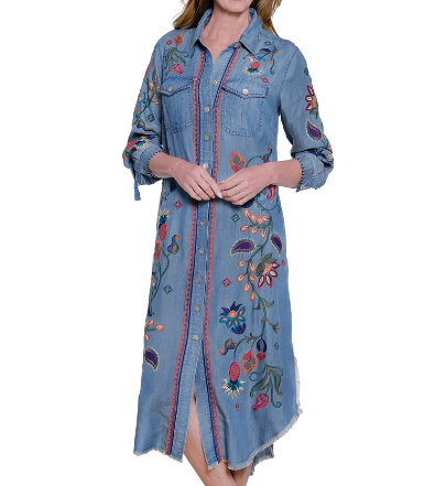 Embroidered Denim Button-Front Midi Dress