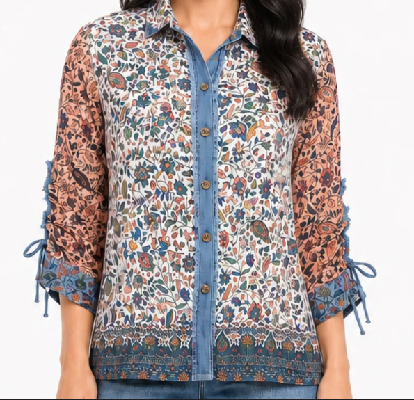 Floral Mixed Print Button-Up Blouse