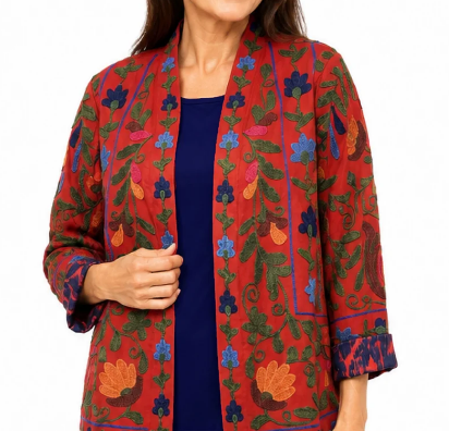 Embroidered Floral Open-Front Jacket