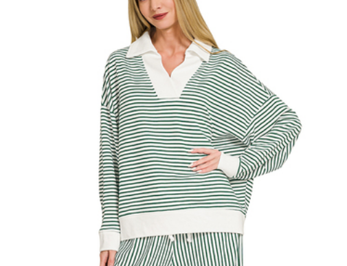 Striped Collared V-Neck Pullove