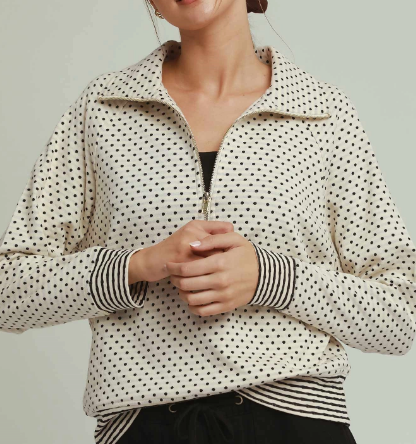 Polka Dot Contrast Trim Half-Zip Pullover