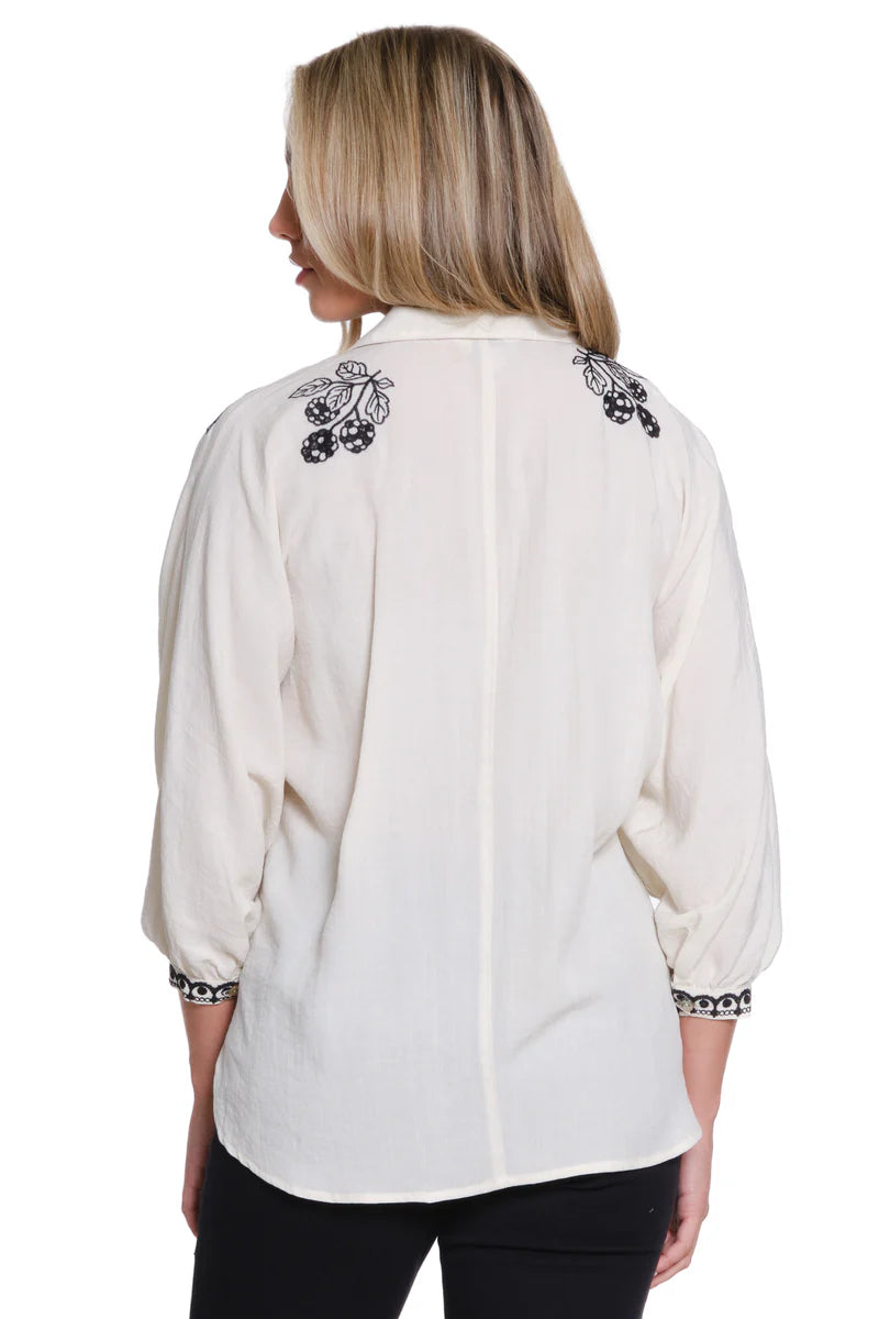 Tru Luxe Embroidered Dolman Sleeve Button-Up Shirt - Ivory