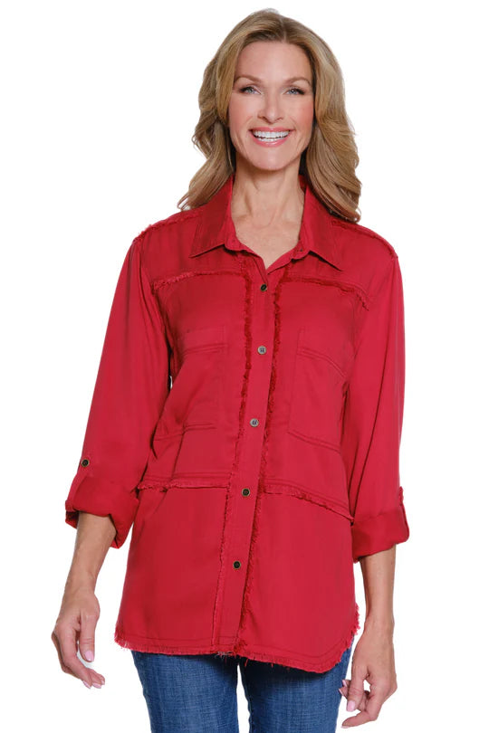 Multiples Solid Twill Shirt with Fringe Detail - Chili Pepper