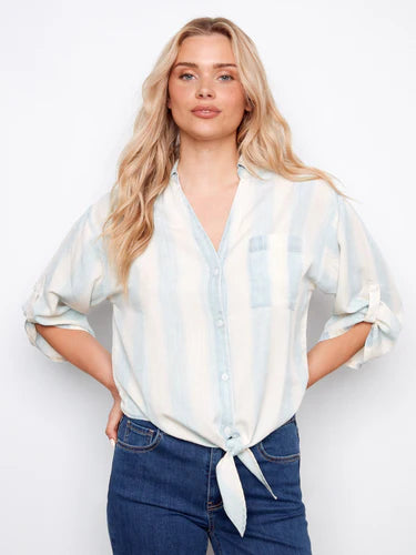 Striped Linen Blend Blouse With Front Tie