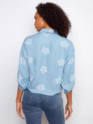 Embroidered Tencel Blouse With Front Tie